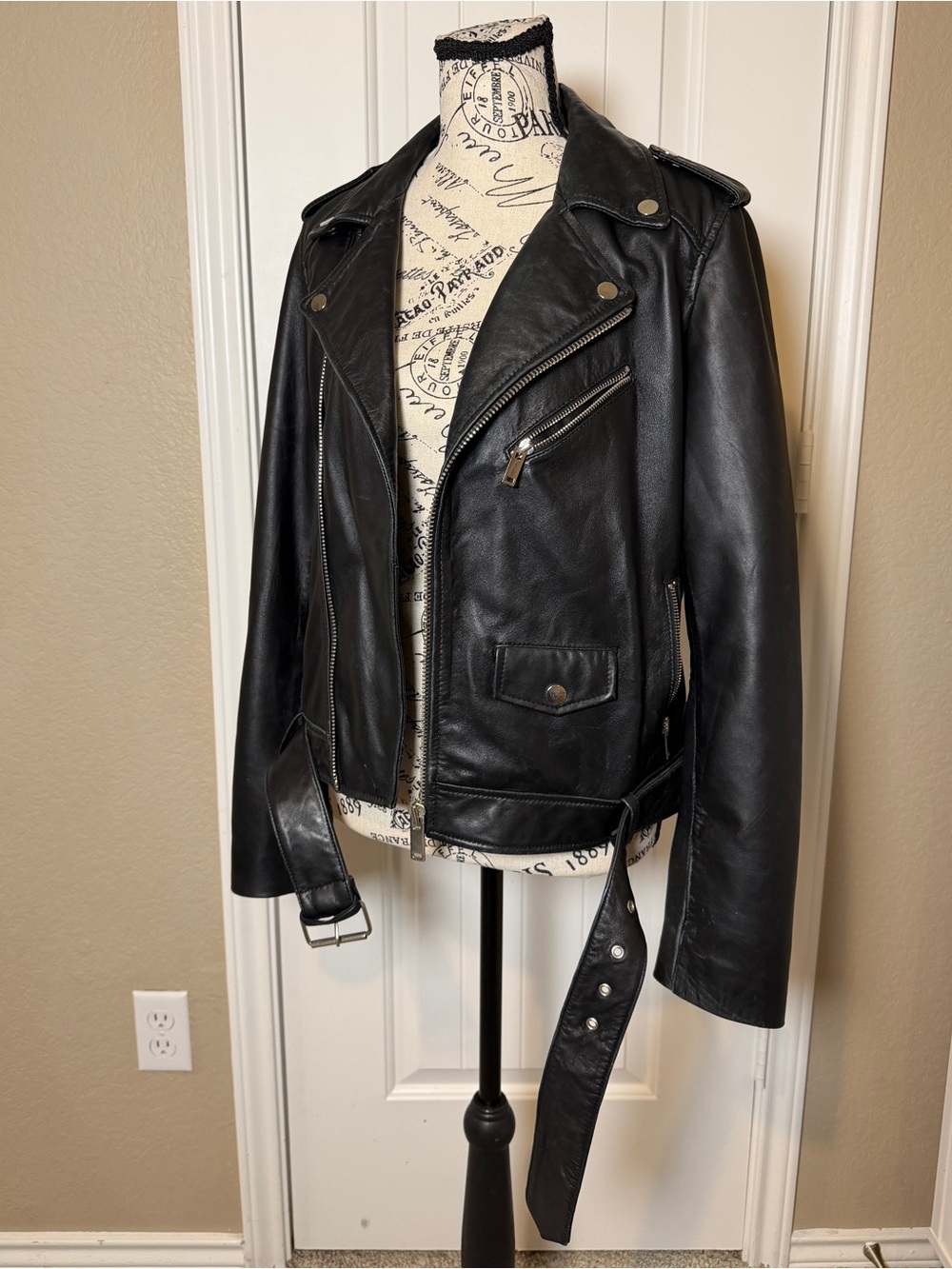 Barneys Originals Black Leather Biker Jacket size 12